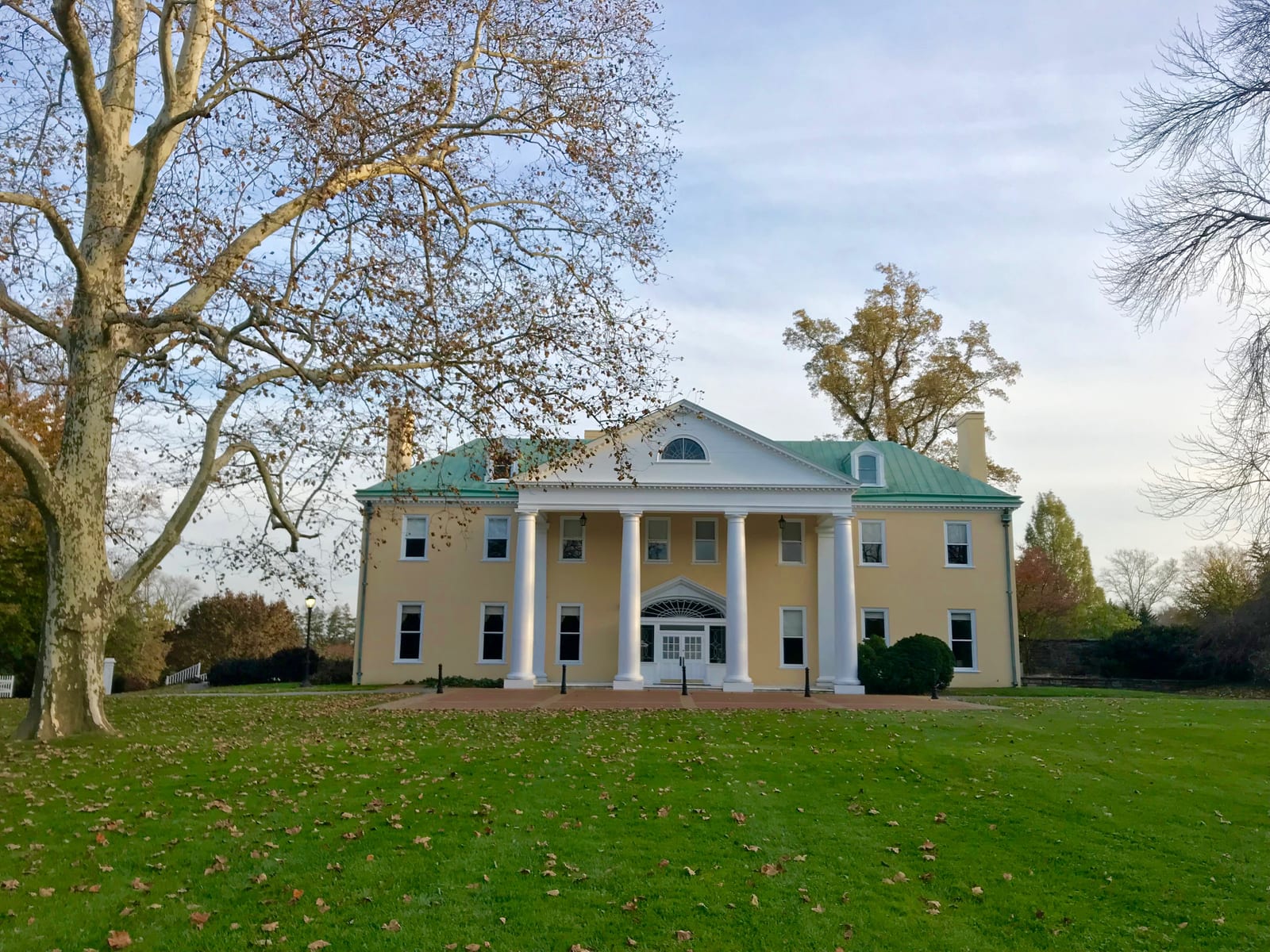 Bellevue Hall, the white Greek Revival du Pont mansion at the center of Bellevue State Park