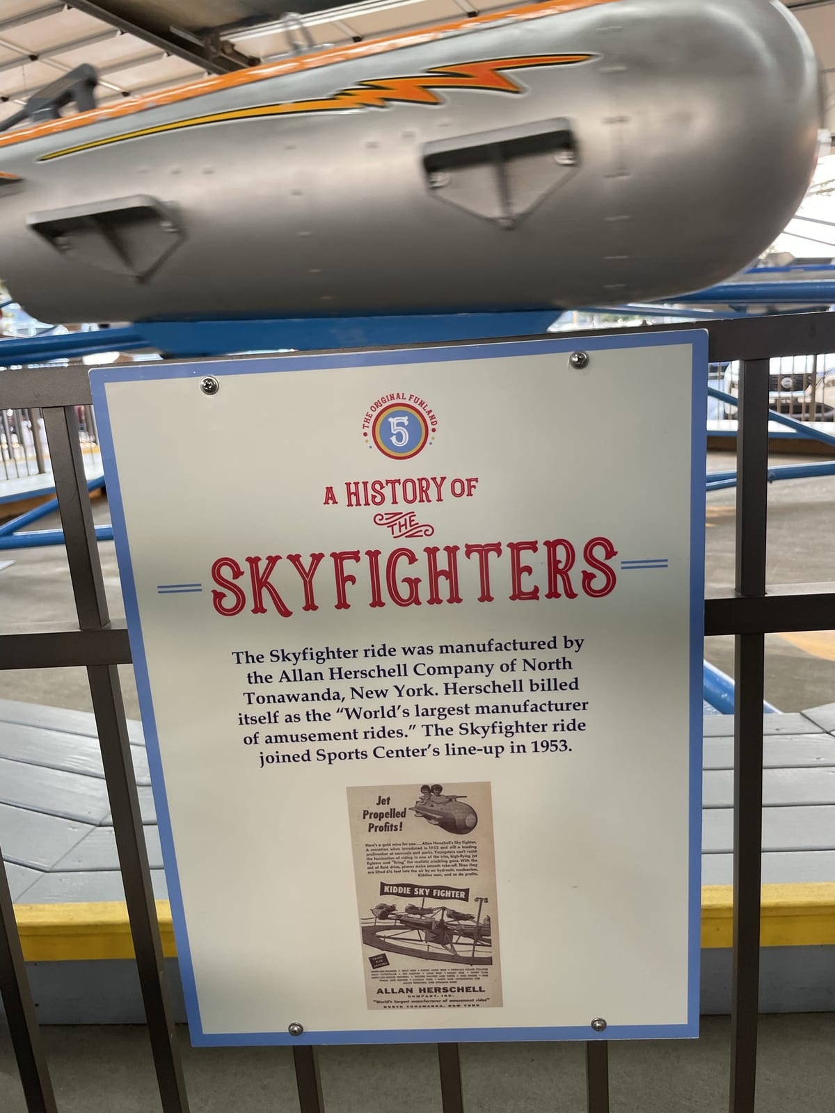 The Skyfighters ride and its history sign at Funland in Rehoboth Beach