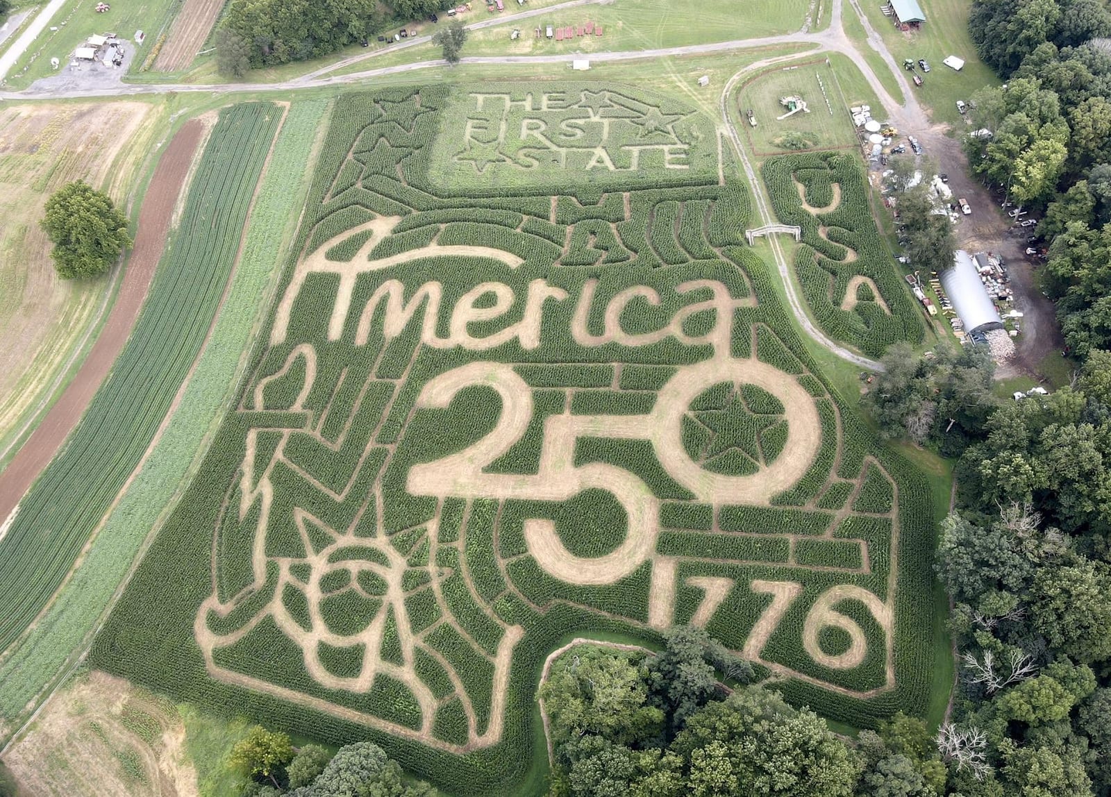 Aerial view of the America 250 corn maze at Ramsey's Farm