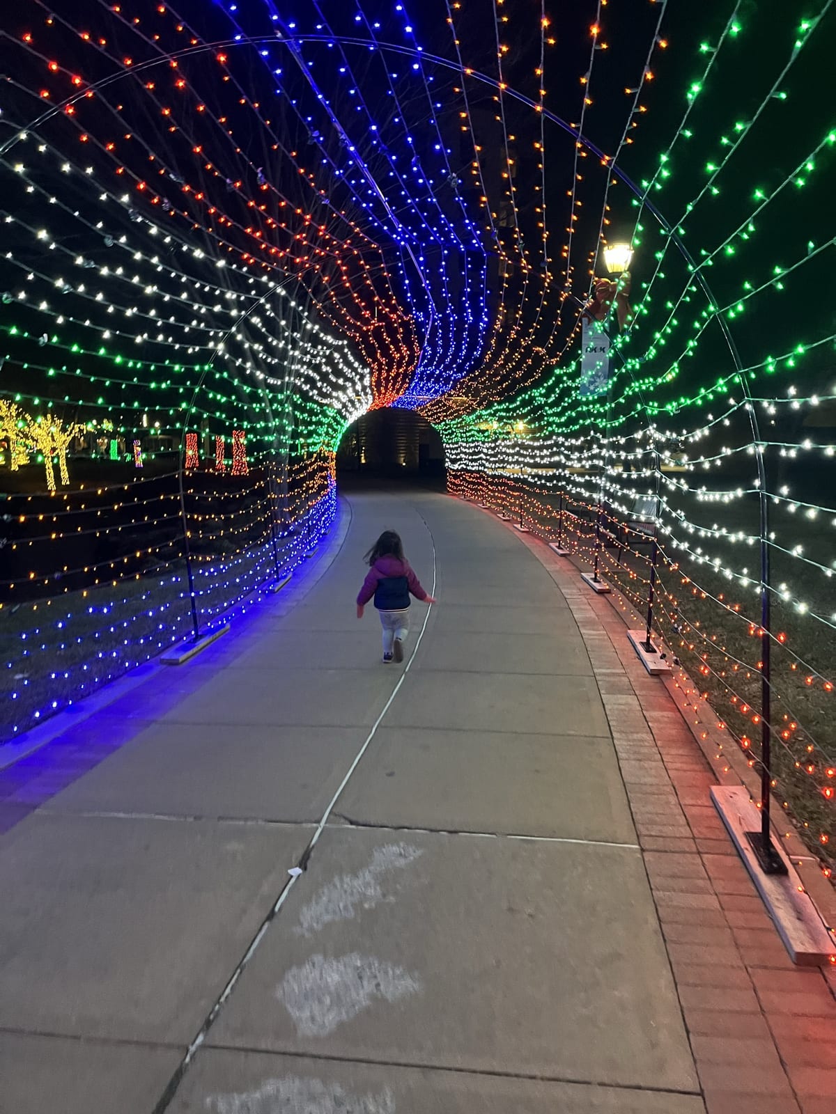 A child walking through a tunnel of colorful holiday lights on the Wilmington Riverfront